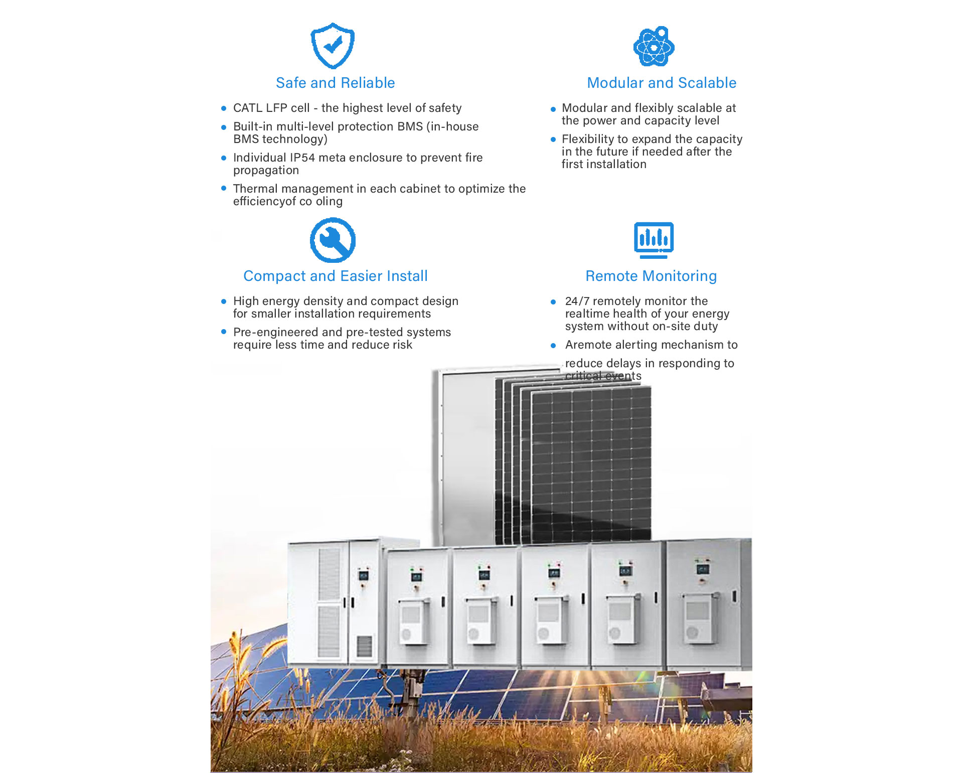 The whole ESS Cabinet consists of five 215kWh battery cabinets plus one 500kW PCS cabinet. The whole system contains several subsystems, namely energy