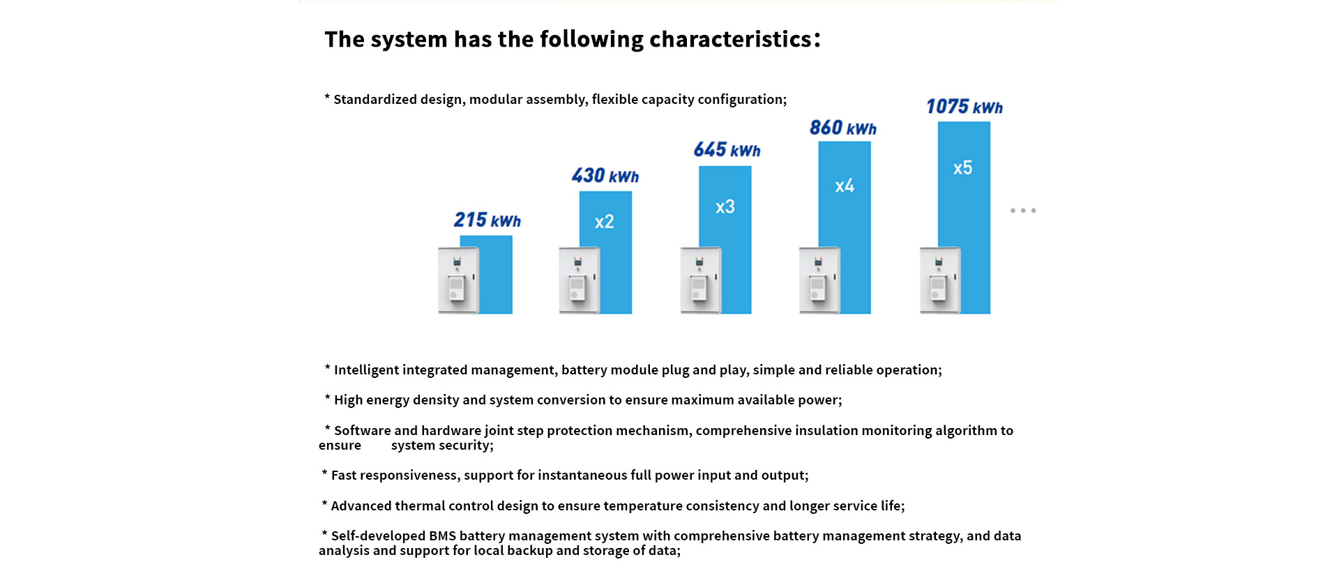 The whole ESS Cabinet consists of five 215kWh battery cabinets plus one 500kW PCS cabinet. The whole system contains several subsystems, namely energy