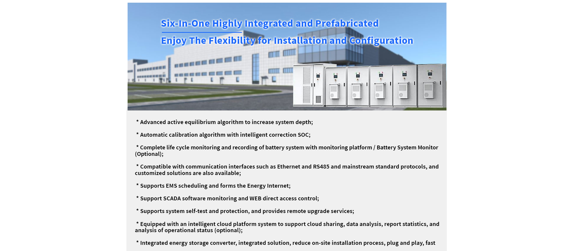 The whole ESS Cabinet consists of five 215kWh battery cabinets plus one 500kW PCS cabinet. The whole system contains several subsystems, namely energy