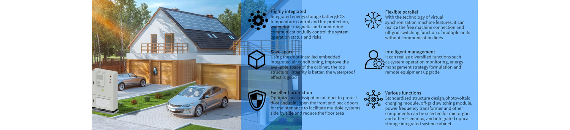 This 100kWh outdoor ESS cabinet integrates power module, battery pack, built-in BMS, PCS, HVAC, fire suppresion, dynamic environment monitoring and en