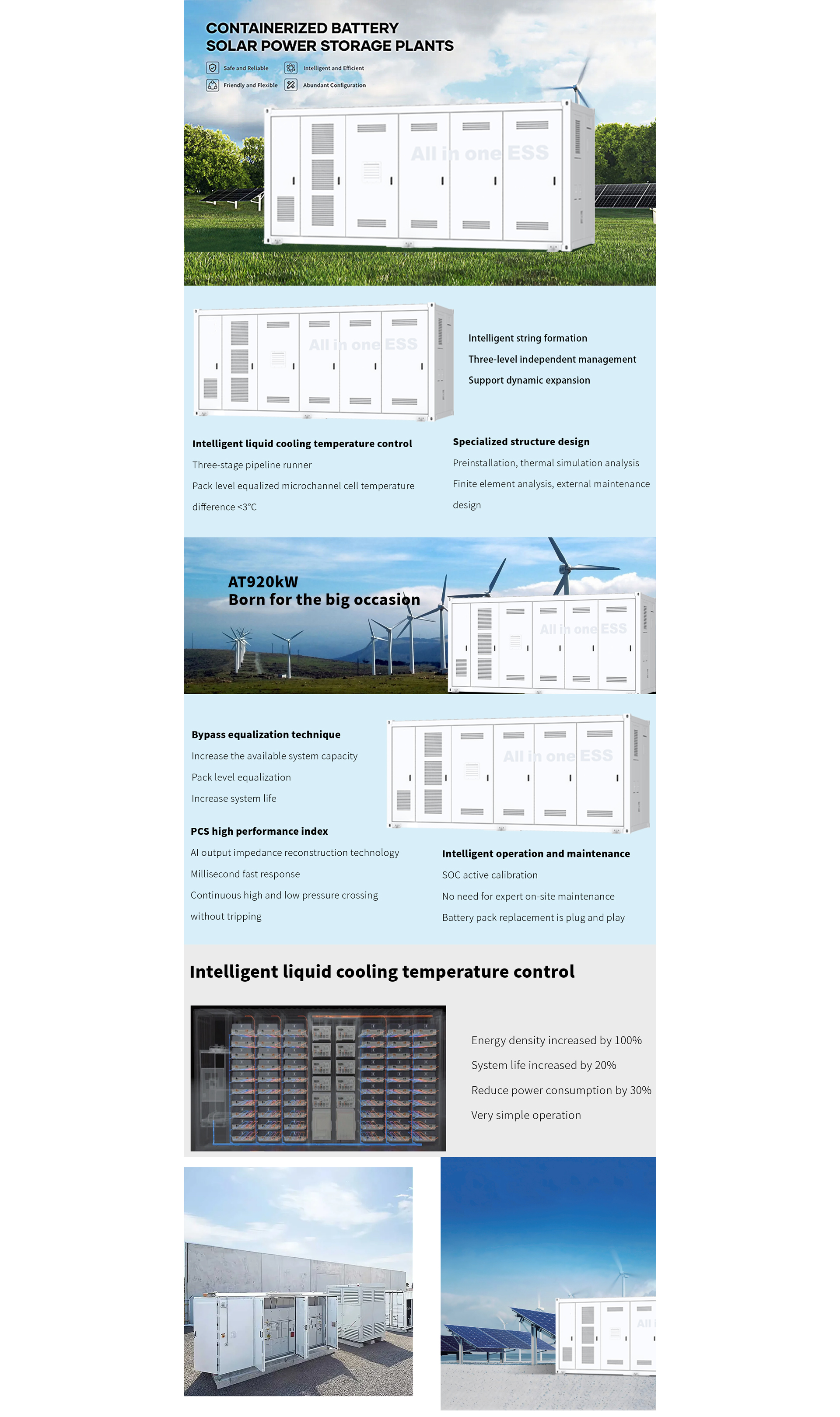 This 920KW 1863kWh liquid cooling battery energy storage system (BESS) container adopts modular and standardized design. Its All-in-one containerized 