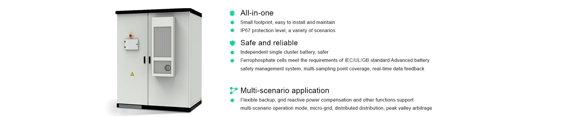 This 215kWh air cooled distributed energy storage cabinet adopts the all-in-one design, including quality battery pack, efficient BMS, high-performanc